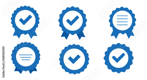 six blue badges with check marks and ribbons