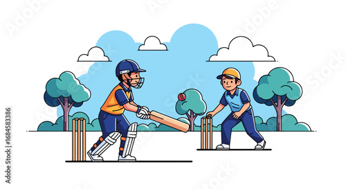 Adobe illustrator artwork vector illustration. Two cheerful boys playing cricket outdoors in a park, with one batting and the other bowling. Ideal for themes of sports, outdoor fun and childhood games