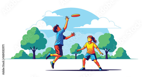 Adobe illustrator artwork vector illustration. Two happy children playing frisbee outdoors, with one boy jumping to catch the disc. Perfect for themes of active play, outdoor recreation and summer fun