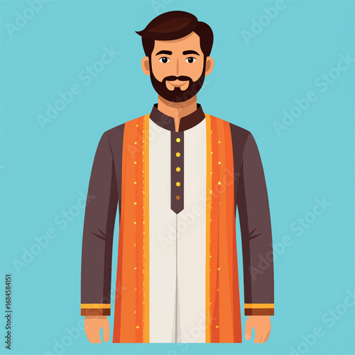 Portrait of a man in traditional Indian attire,  standing confidently, wearing a kurta and shawl.