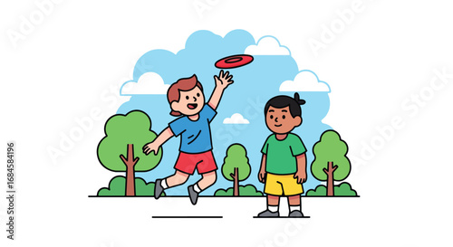 Adobe illustrator artwork vector illustration. Two happy children playing frisbee outdoors, with one boy jumping to catch the disc. Perfect for themes of active play, outdoor recreation and summer fun