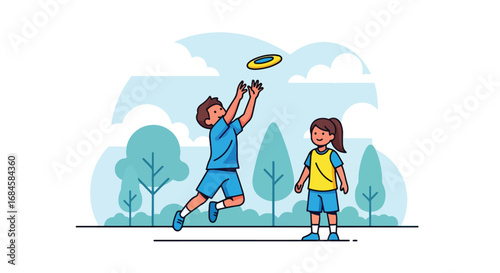 Adobe illustrator artwork vector illustration. Two happy children playing frisbee outdoors, with one boy jumping to catch the disc. Perfect for themes of active play, outdoor recreation and summer fun