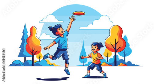 Adobe illustrator artwork vector illustration. Two happy children playing frisbee outdoors, with one boy jumping to catch the disc. Perfect for themes of active play, outdoor recreation and summer fun