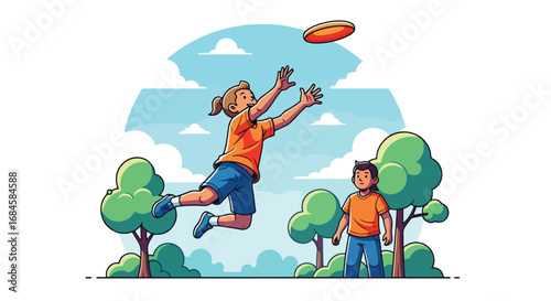 Adobe illustrator artwork vector illustration. Two happy children playing frisbee outdoors, with one boy jumping to catch the disc. Perfect for themes of active play, outdoor recreation and summer fun