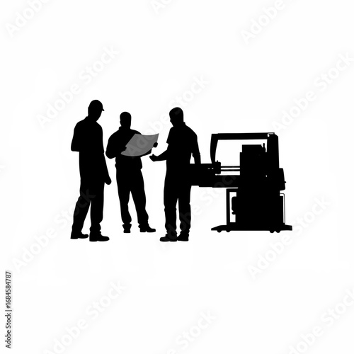 Operator inspecting blueprint near cnc machine silhouette