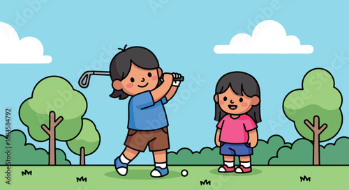 Adobe illustrator artwork vector illustration. Two cheerful children playing golf on a green course, with one girl swinging a club as the boy watches. Great for themes of sportsmanship, and leisure