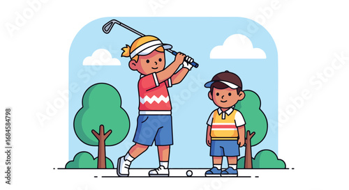 Adobe illustrator artwork vector illustration. Two cheerful children playing golf on a green course, with one girl swinging a club as the boy watches. Great for themes of sportsmanship, and leisure