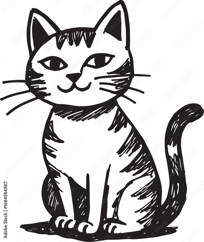 Obraz premium Cat Doodle Black and White Illustration Vector Image Cute Kitten Sketch Line Art Drawing Silhouette