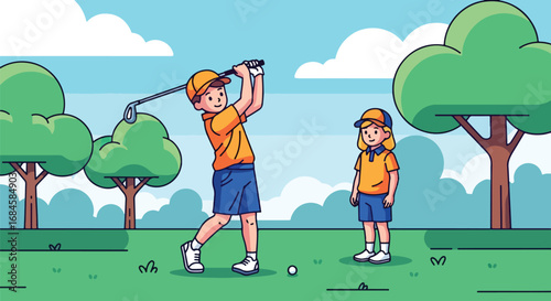 Adobe illustrator artwork vector illustration. Two cheerful children playing golf on a green course, with one girl swinging a club as the boy watches. Great for themes of sportsmanship, and leisure