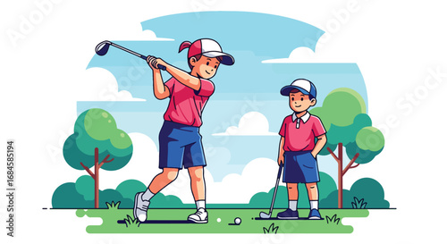 Adobe illustrator artwork vector illustration. Two cheerful children playing golf on a green course, with one girl swinging a club as the boy watches. Great for themes of sportsmanship, and leisure