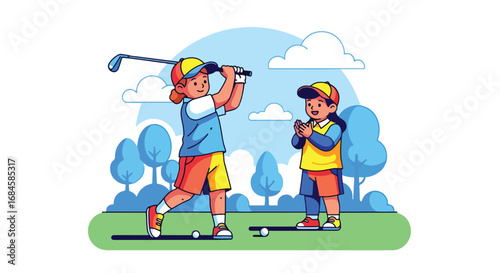 Adobe illustrator artwork vector illustration. Two cheerful children playing golf on a green course, with one girl swinging a club as the boy watches. Great for themes of sportsmanship, and leisure