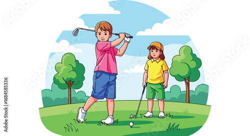 Adobe illustrator artwork vector illustration. Two cheerful children playing golf on a green course, with one girl swinging a club as the boy watches. Great for themes of sportsmanship, and leisure