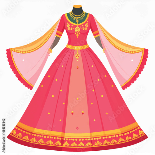 A vibrant illustration of a traditional Indian dress, showcasing intricate details and ornaments.