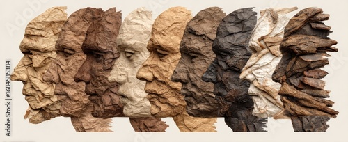 Profiles of aged faces, textured and varied in tone