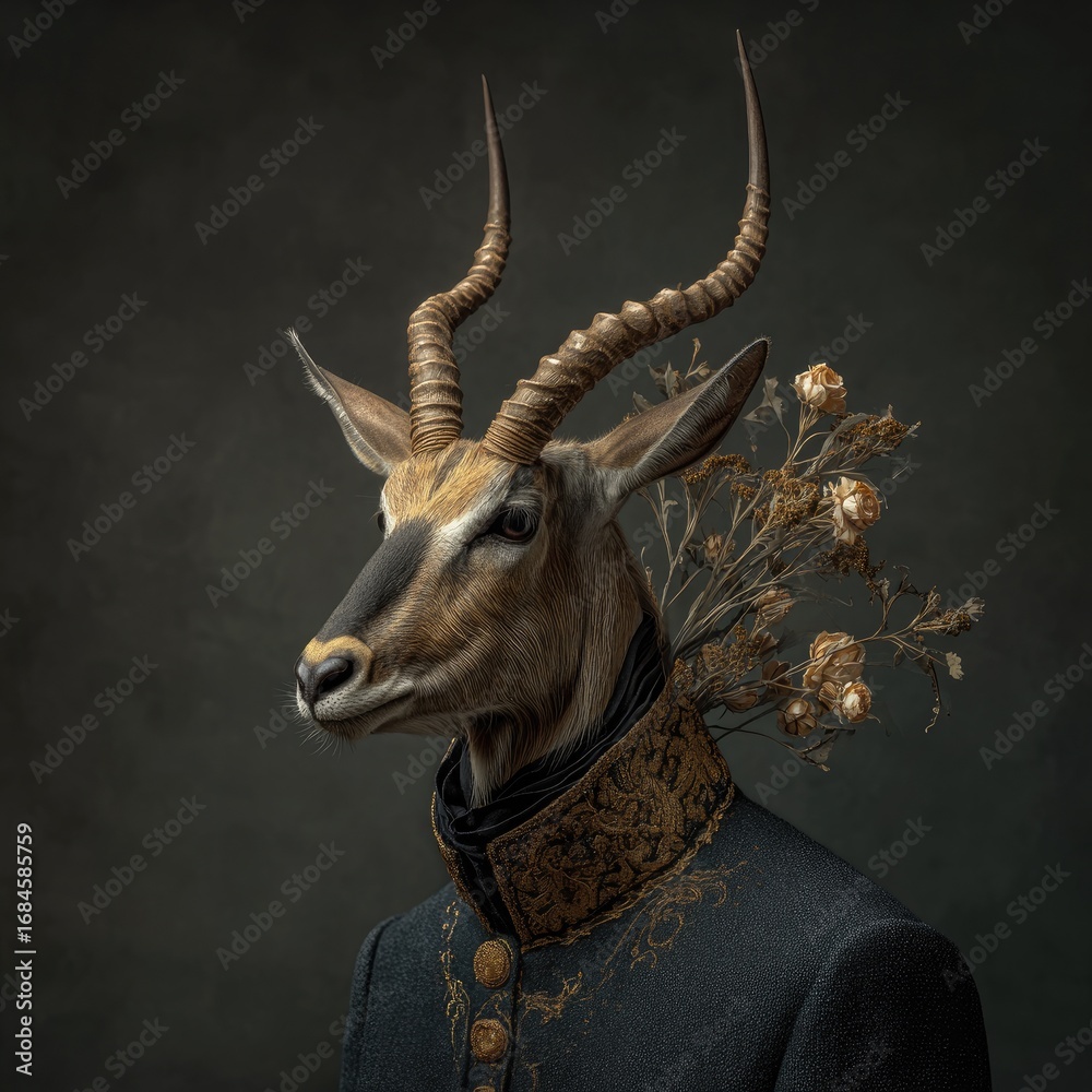 Fototapeta premium Detailed portrait of an antelope-like creature, wearing a richly decorated military-style jacket. Dried floral sprigs adorn its neck. Dark background