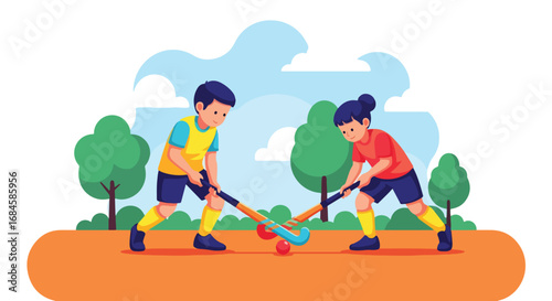 Adobe illustrator artwork vector illustration. Two cheerful children playing field hockey, dribbling the ball with their sticks in an outdoor setting. Perfect for themes of sports, teamwork, healthy