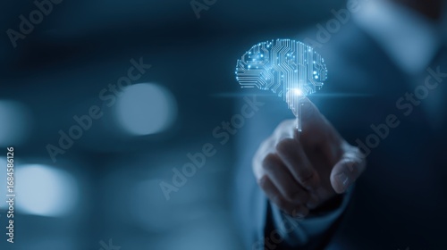 Hand touching a digital brain in concept of artificial intelligence