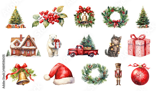 PNG Festive holiday watercolor illustrations, element set on transparent background