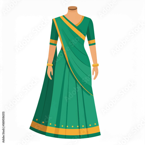Illustration of a green saree with gold trim draped on a mannequin, showcasing traditional Indian attire.
