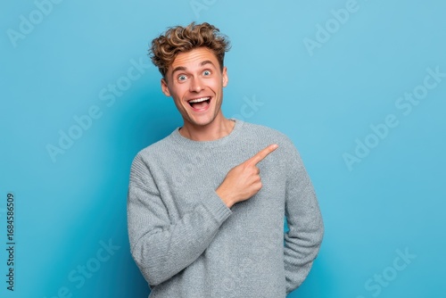 Surprised young white man smiling and pointing against a blue background