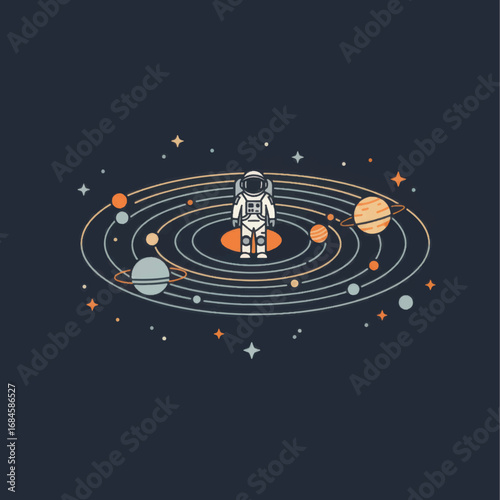 Astronaut in a Stylized Solar System Illustration