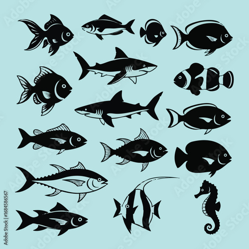 create fish silhouette vector collection. Illustration vector of different kinds of Fish Silhouette. Cute graphic design of fish in ocean silhouette victor art