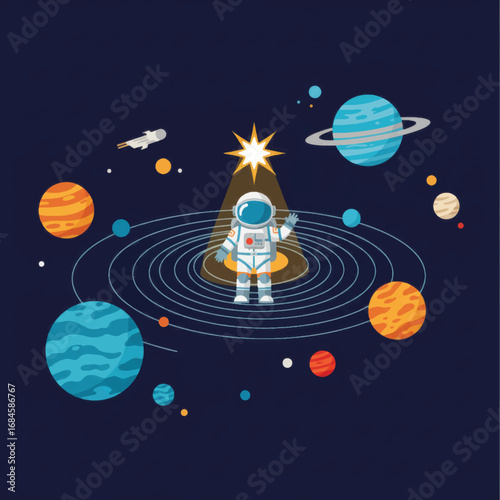 Astronaut in Spotlight Amidst Planetary Orbit, Space Exploration Illustration
