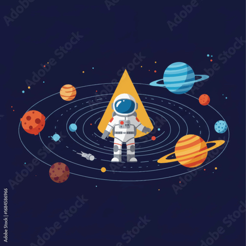 Cartoon Astronaut Standing Before Golden Pyramid in a Planetary System