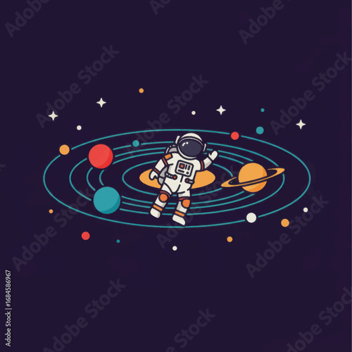 Cartoon Astronaut Floating Amongst Colorful Planets and Stars in Space