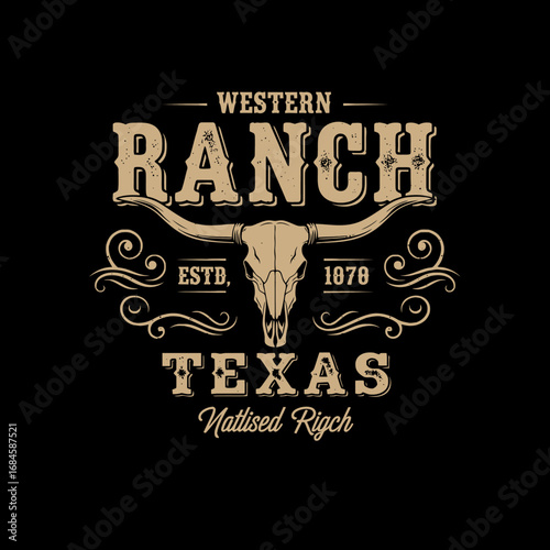 Vintage Western Ranch logo featuring a bull skull, text, and decorative flourishes on black background.