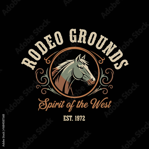 Vintage rodeo grounds logo featuring a horse's head, surrounded by decorative elements and text.