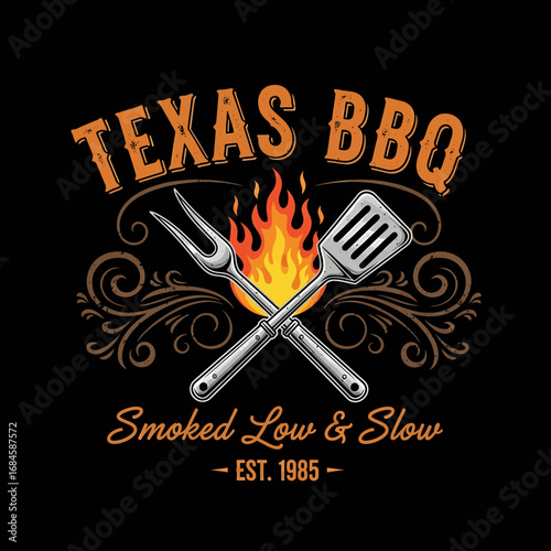 Vintage logo for a Texas BBQ restaurant, featuring crossed BBQ tools and flames, emphasizing slow cooking methods.