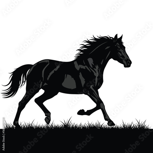 Majestic black horse silhouette running freely through a grassy field against a white background.