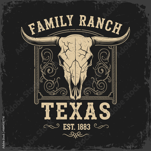 Texas family ranch logo featuring a longhorn skull, ornate frame, and establishment date.