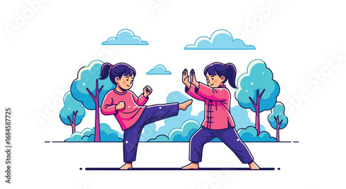 Adobe illustrator artwork vector illustration. Two cheerful girls practicing martial arts outdoors, demonstrating kicks and blocks in a park setting. Perfect for themes of self-defense, discipline