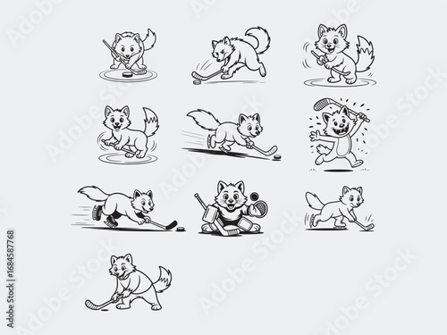 A collection of playful line drawings showing an arctic fox mascot playing hockey with enthusiasm