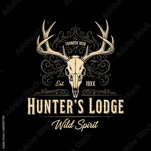 An ornate emblem featuring a deer skull with antlers, decorative flourishes, and the text "Hunter's Lodge Wild Spirit" against a black background.