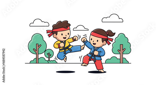 Adobe illustrator artwork vector illustration. Two cheerful girls practicing martial arts outdoors, demonstrating kicks and blocks in a park setting. Perfect for themes of self-defense, discipline