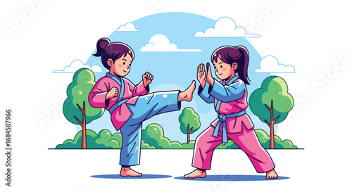 Adobe illustrator artwork vector illustration. Two cheerful girls practicing martial arts outdoors, demonstrating kicks and blocks in a park setting. Perfect for themes of self-defense, discipline