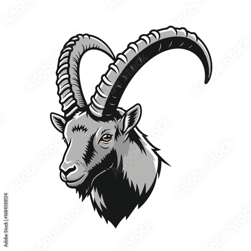 Powerful Alpine ibex head mascot, a symbol of wild mountain strength and freedom.