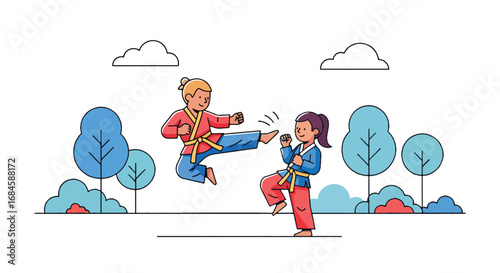 Adobe illustrator artwork vector illustration. Two cheerful girls practicing martial arts outdoors, demonstrating kicks and blocks in a park setting. Perfect for themes of self-defense, discipline