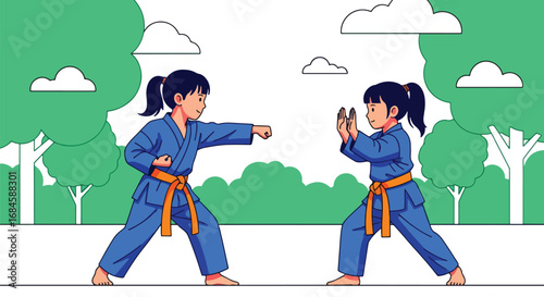 Adobe illustrator artwork vector illustration. Two cheerful girls practicing martial arts outdoors, demonstrating kicks and blocks in a park setting. Perfect for themes of self-defense, discipline
