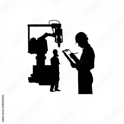 Silhouette of factory worker supervising cnc machine operation and marking checklist
