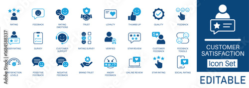 customer satisfaction icon set. Includes feedback, reviews, ratings, trust, survey, emotions, and support symbols. Solid vector icons for customer experience, apps, websites, and business projects.