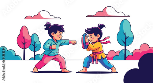 Adobe illustrator artwork vector illustration. Two cheerful girls practicing martial arts outdoors, demonstrating kicks and blocks in a park setting. Perfect for themes of self-defense, discipline