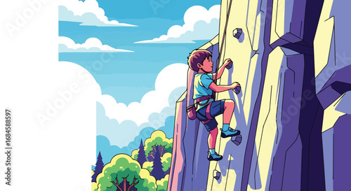 Adobe illustrator artwork vector illustration. A determined child rock climbing outdoors, wearing safety gear and ascending a rugged cliff face. Ideal for themes of adventure, challenge, and courage