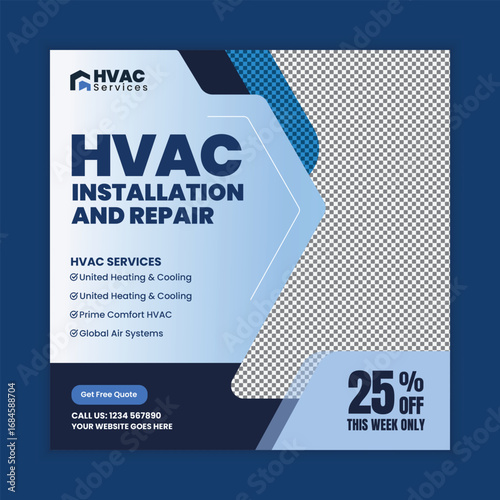 HVAC Repair Service, Air Conditioning Maintenance, Heating and Cooling System Web Banner and Social Media Post Template
