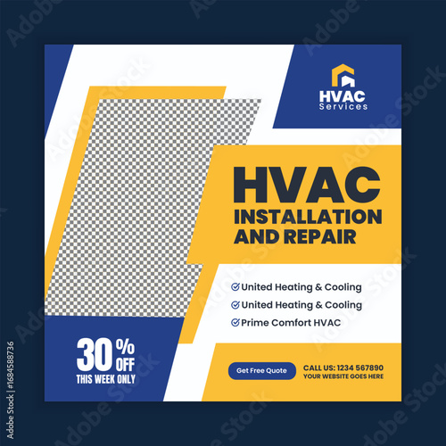 HVAC Repair Service, Air Conditioning Maintenance, Heating and Cooling System Web Banner and Social Media Post Template