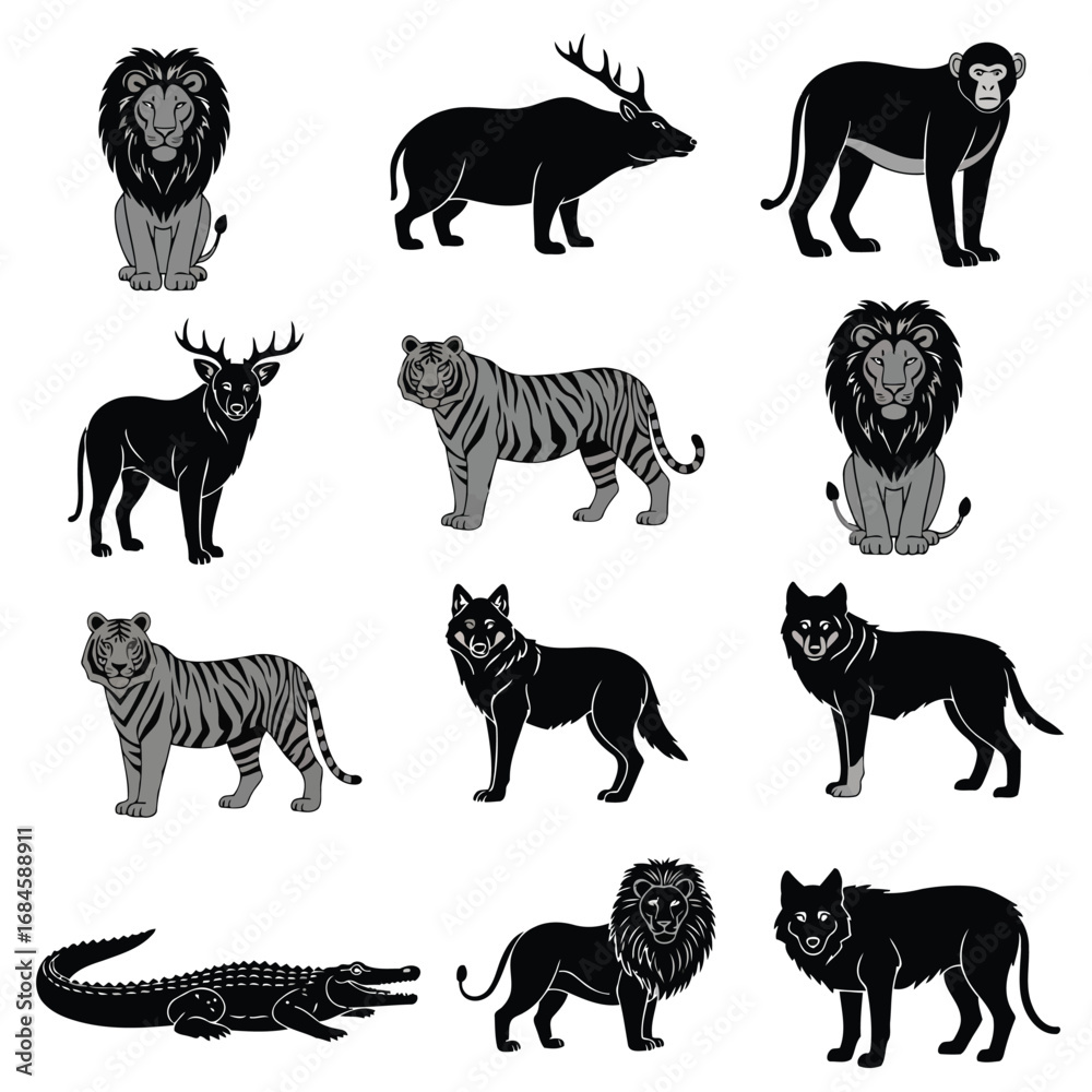 Naklejka premium Monochrome graphic icon set of various wild jungle and forest animals