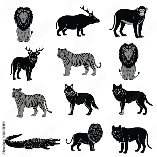Monochrome graphic icon set of various wild jungle and forest animals